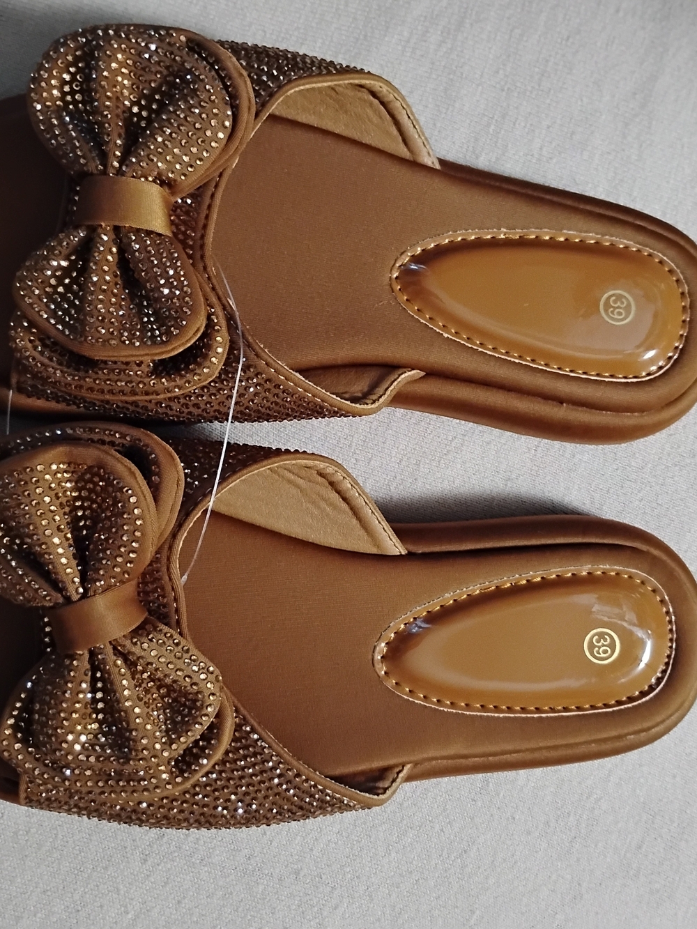 Women's Slide Sandals with Bow and Rhinestones - Brown